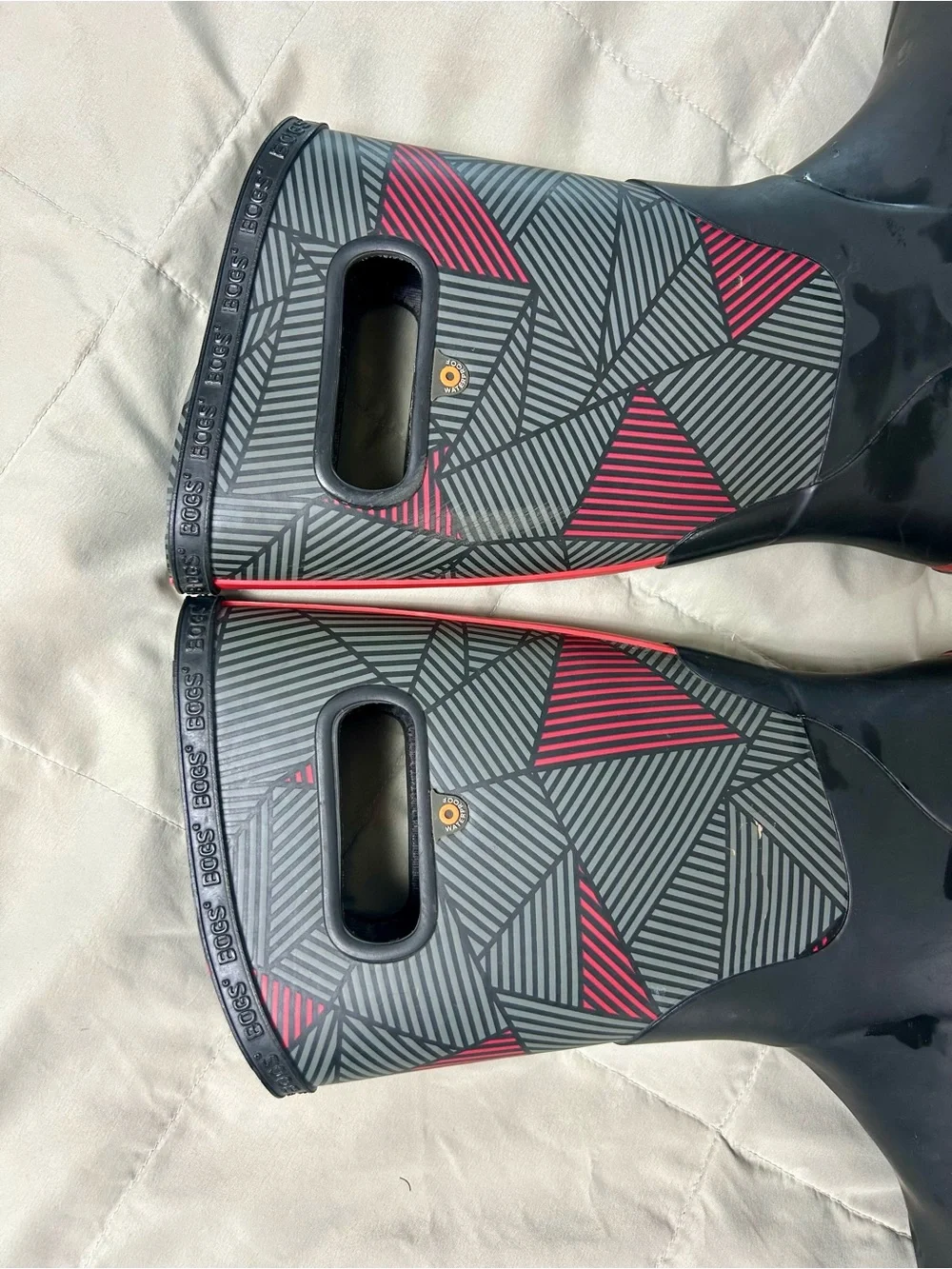 Bogs Kids Black and Red Geometric Rain Boots, Waterproof, Youth Size 5